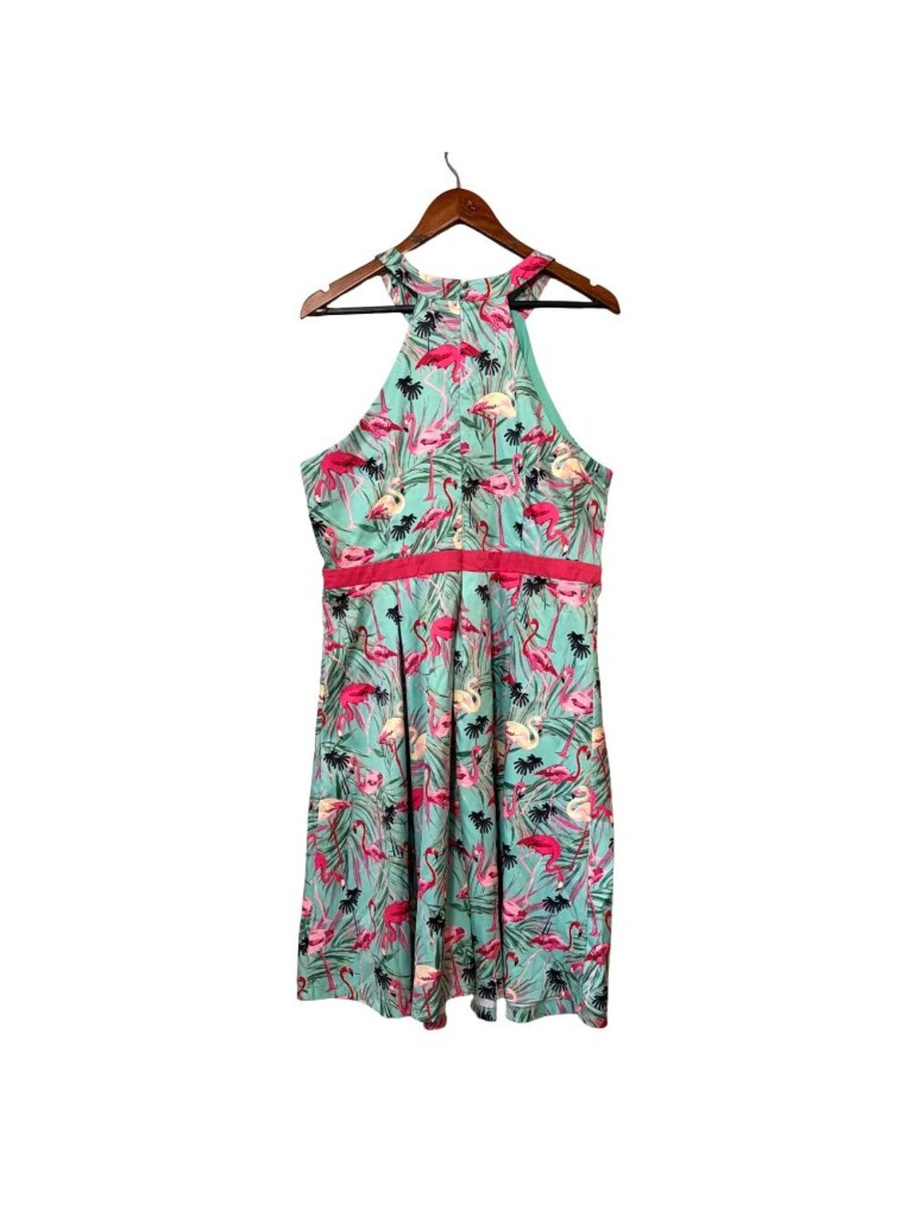 Retro Lindy Bop Teal Flamingo Halter Neck Dress Pink Rockabilly 50’s UK 20 US 16 - Picture 2 of 9